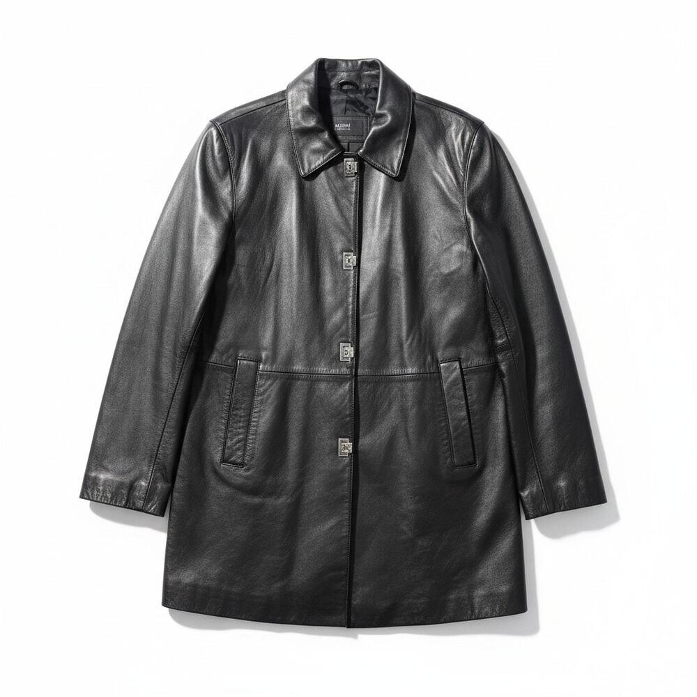 Vintage Y2K Alfani L Black Leather Minimalist Long Jacket Goth Button Up